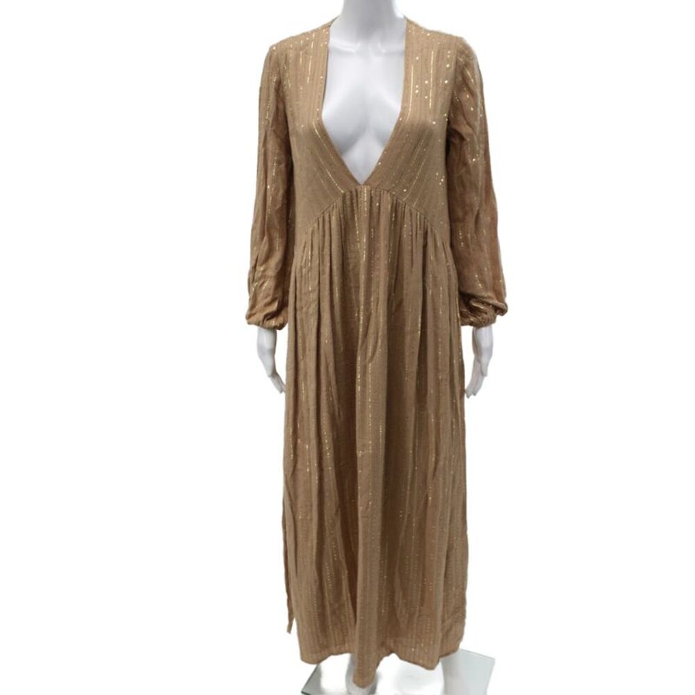 Sundress Women Maxi Dress Beige Striped V Neck Long Sleeve Viscose Size XS